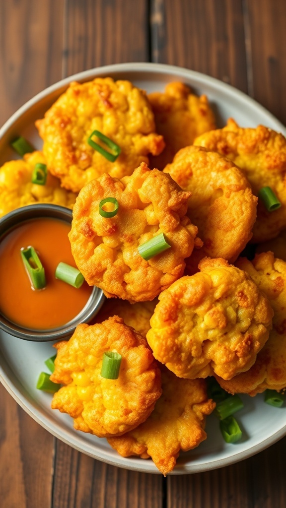 A plate of crispy corn fritters garnished with green onions and a dipping sauce on a rustic table.